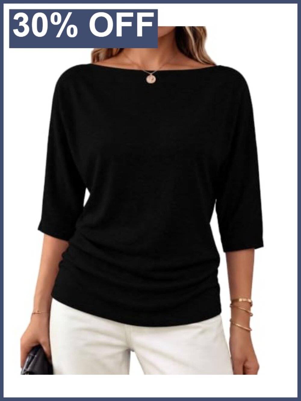 Off the Shoulder Boat Neck Knit Pullover Sweater 3/4 Batwing Sleeve